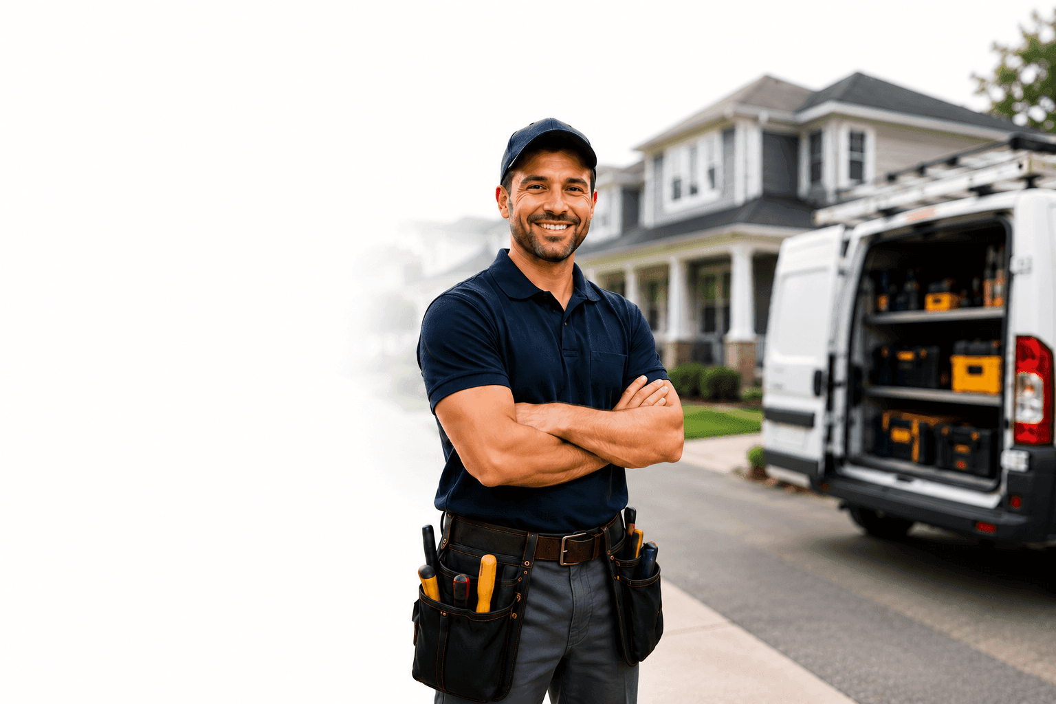 Smiling handyman standing outside a customer's home